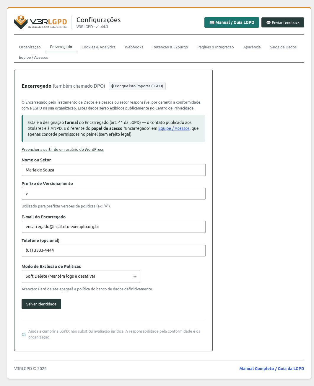 Configurações de identidade do Encarregado